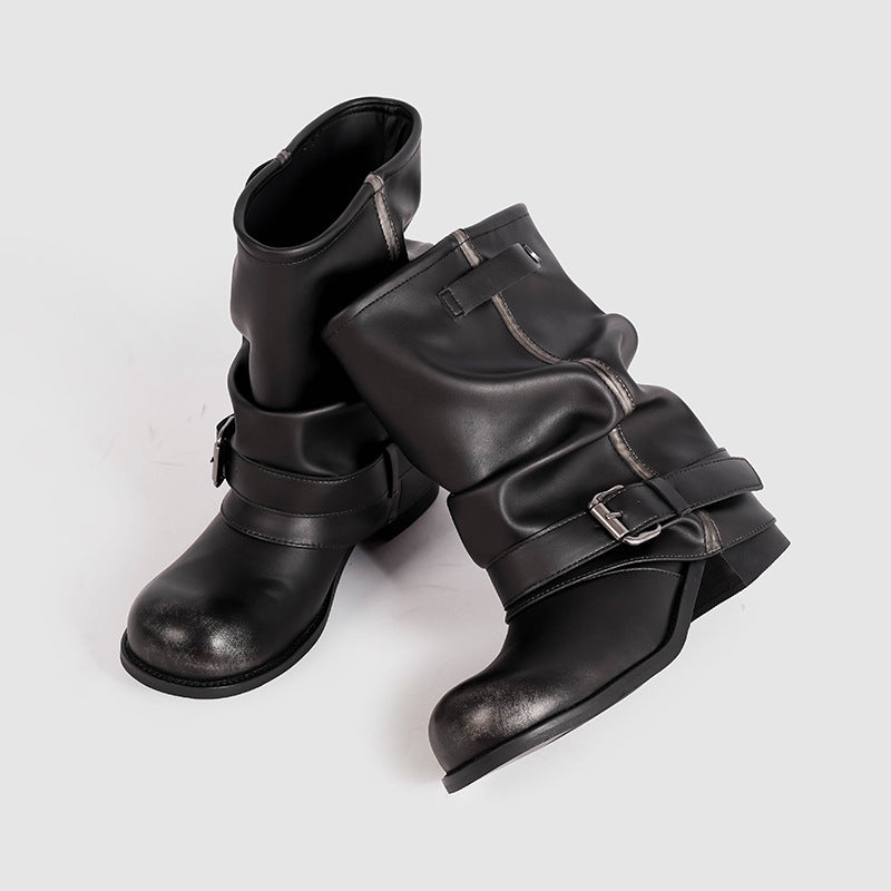 Women's Cowboy Pleated Pile Middle Retro Rub Boots