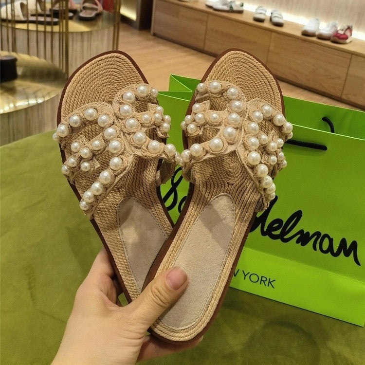 Women's Head Pearl Shell Straw Flat Outer Slippers