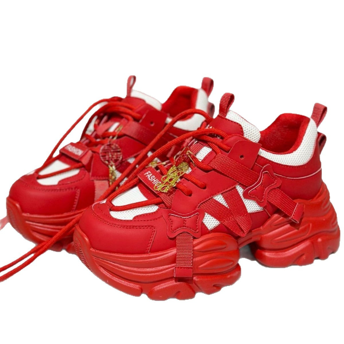Women's Clunky Small Versatile Thick Bottom Red Sports Leisure Sneakers