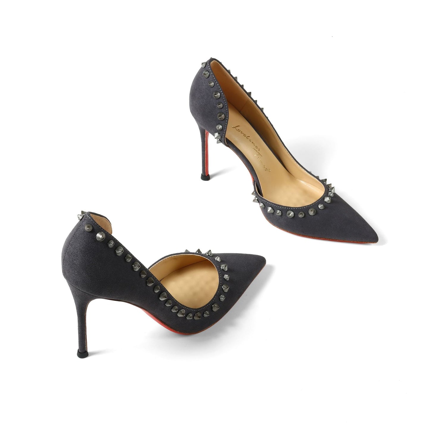 Women's Toe Suede Nude Pink Rivet Red Bottom High Heels