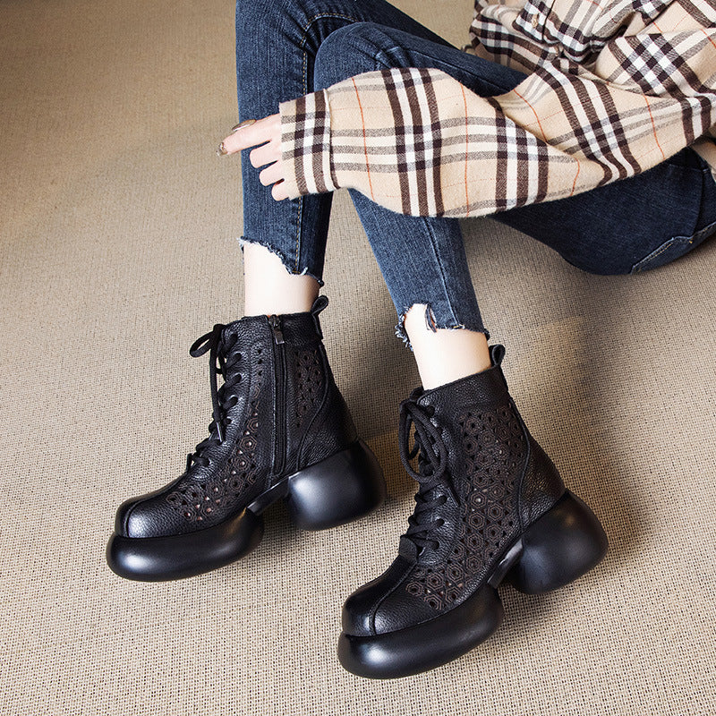 Women's High Retro Chunky Hollow Hole Ankle Boots