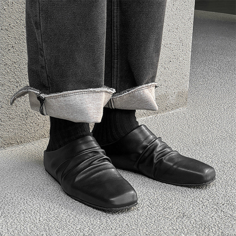 Square Toe Pleated Slip-on Flat For Leather Shoes