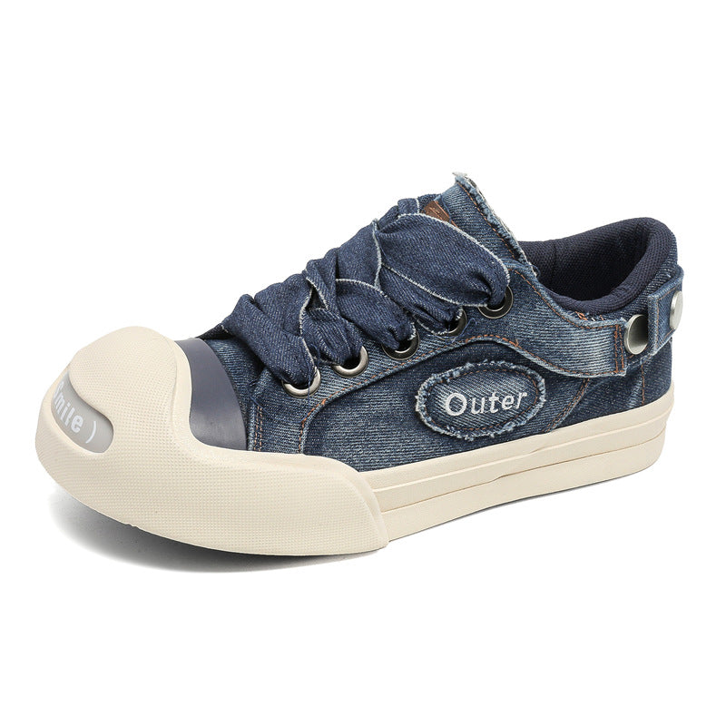 Men's Smiling Platform Denim Big Head Green Canvas Shoes