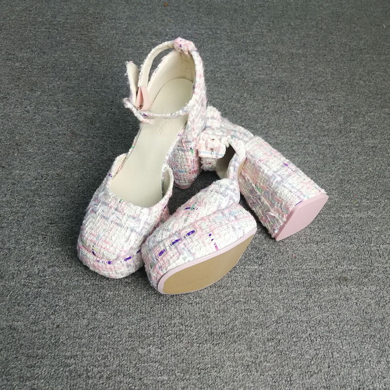 Women's Waterproof Platform Thick Hollow Closed Strap Heels