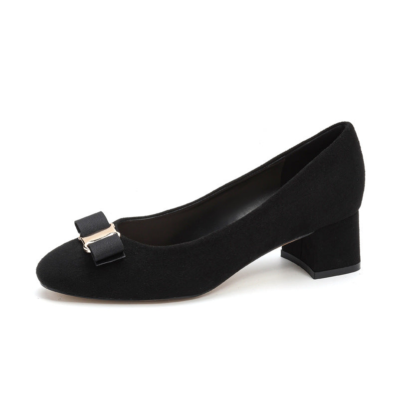 Women's Black Suede Bowknot High Feet Commuting Women's Fashion Shoes