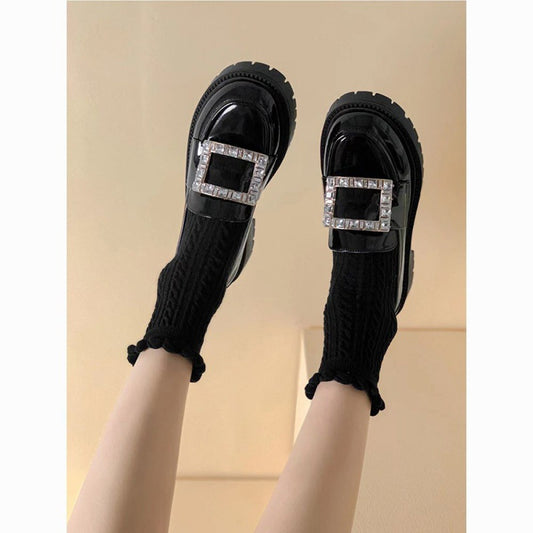 Women's Pedal Patent British Style Flat Bottom Rhinestone Square Loafers
