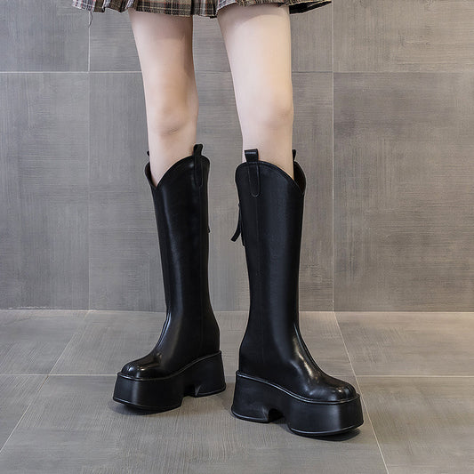 Women's Long Tube Below The Knee British Style Square Toe Boots