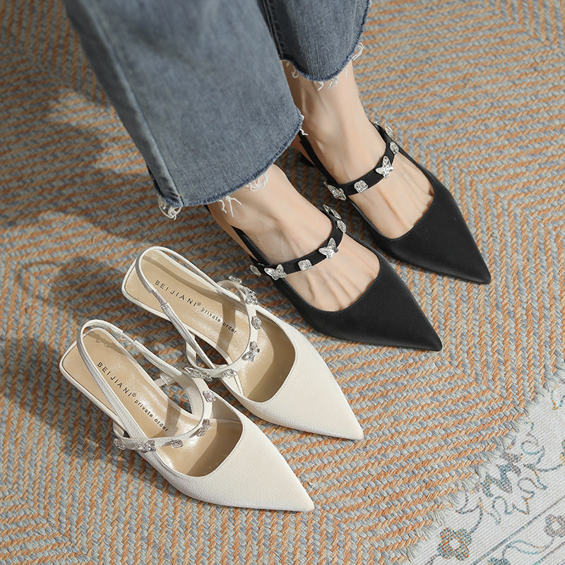 Women's Rhinestone Butterfly Fairy Pointed High Toe Cap Stilettos Pumps Heels