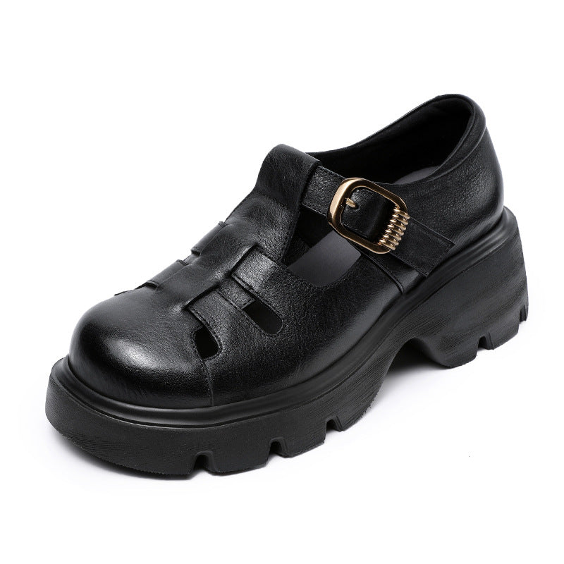 Cowhide Hollow Roman Muffin Thick Bottom Toe Cap Woven Sandals