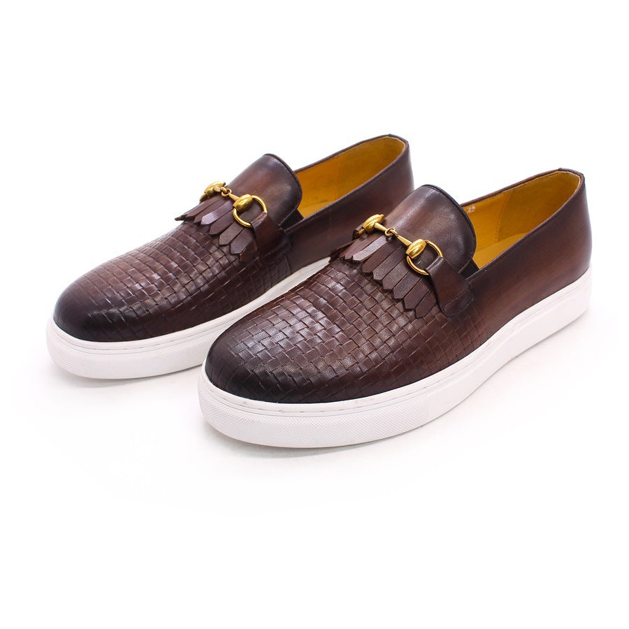 Men's Toe Pumps Flat Woven Pattern Handmade Leather Shoes
