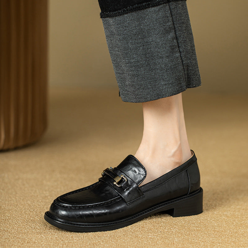 Buckle One Pedal Flat Bottom Pumps Female British Leather Shoes
