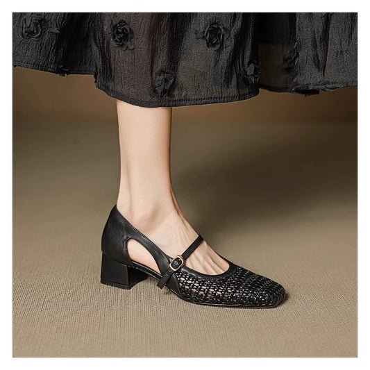 French Hollow Woven Mary Jane Hole Pumps Sandals