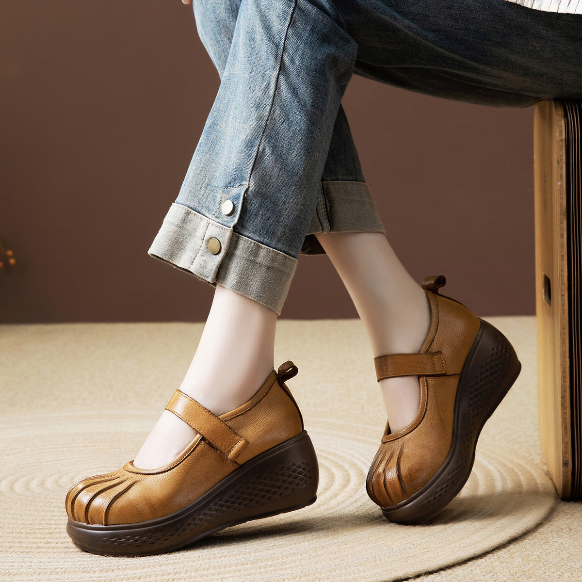 Women's Ethnic Style Handmade Genuine Wedge Thick Bottom Shallow Mouth Magic Women's Fashion Shoes