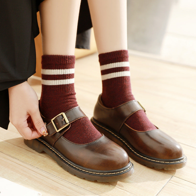 Women's Summer Thin College Style Buckle Mary Leather Shoes
