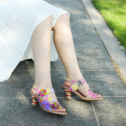 Summer Genuine Hand-rub Color Retro Three-dimensional Heels
