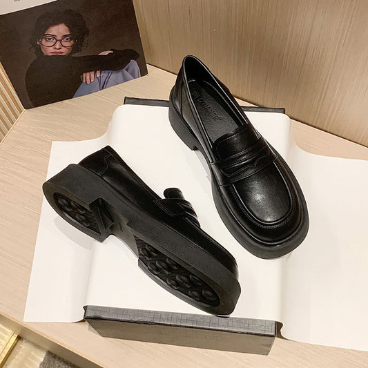 Cowhide Black Platform British Style Vintage Loafers