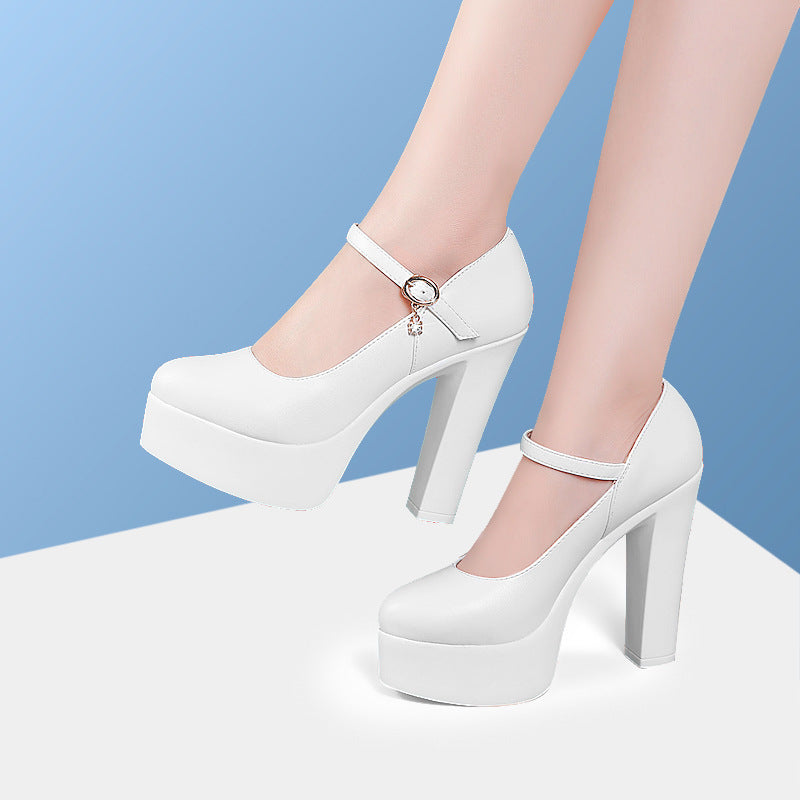 Women's Roll Chunky Waterproof Platform High Model Catwalk Show Genuine Workplace Heels