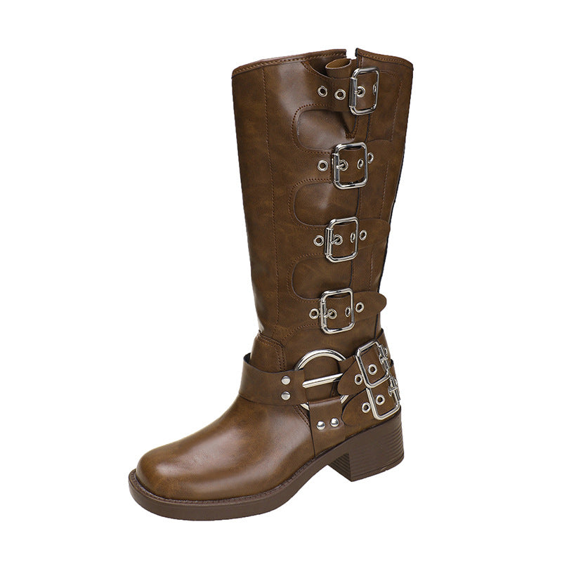 Women's Round Toe Belt Buckle Middle Tube Boots