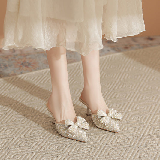 Women's Spring Pointed Toe Cap Rhinestone High Low-cut Heels