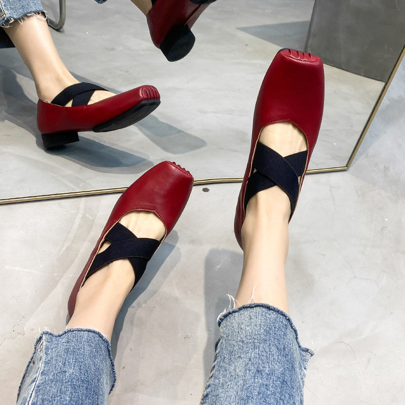 Women's Mary Jane Pleated Square Toe Vintage Chunky Ballet Women's Shoes