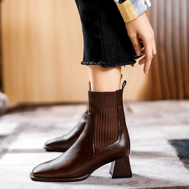 Women's Square Toe Booties High Socks Knitted Boots