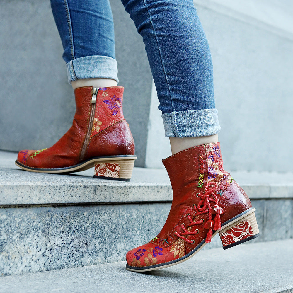 Women's Hand-rub Color Genuine Stitching Printing Straps Boots