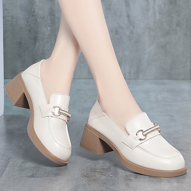 Soft Bottom Mid Mom British Style Slip-on Black Single-layered Women's Fashion Shoes