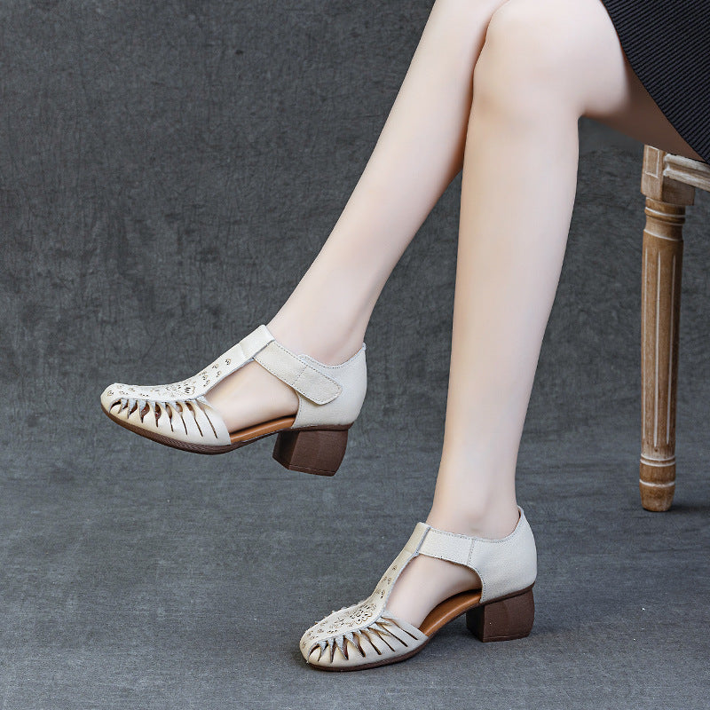 Women's Thick Soft Bottom Top Layer Cowhide Hollow Retro Heels