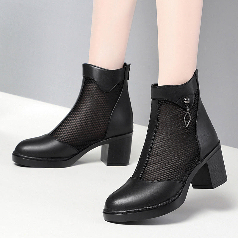 Women's Cowhide Mesh Medium Chunky Ankle Single Heels