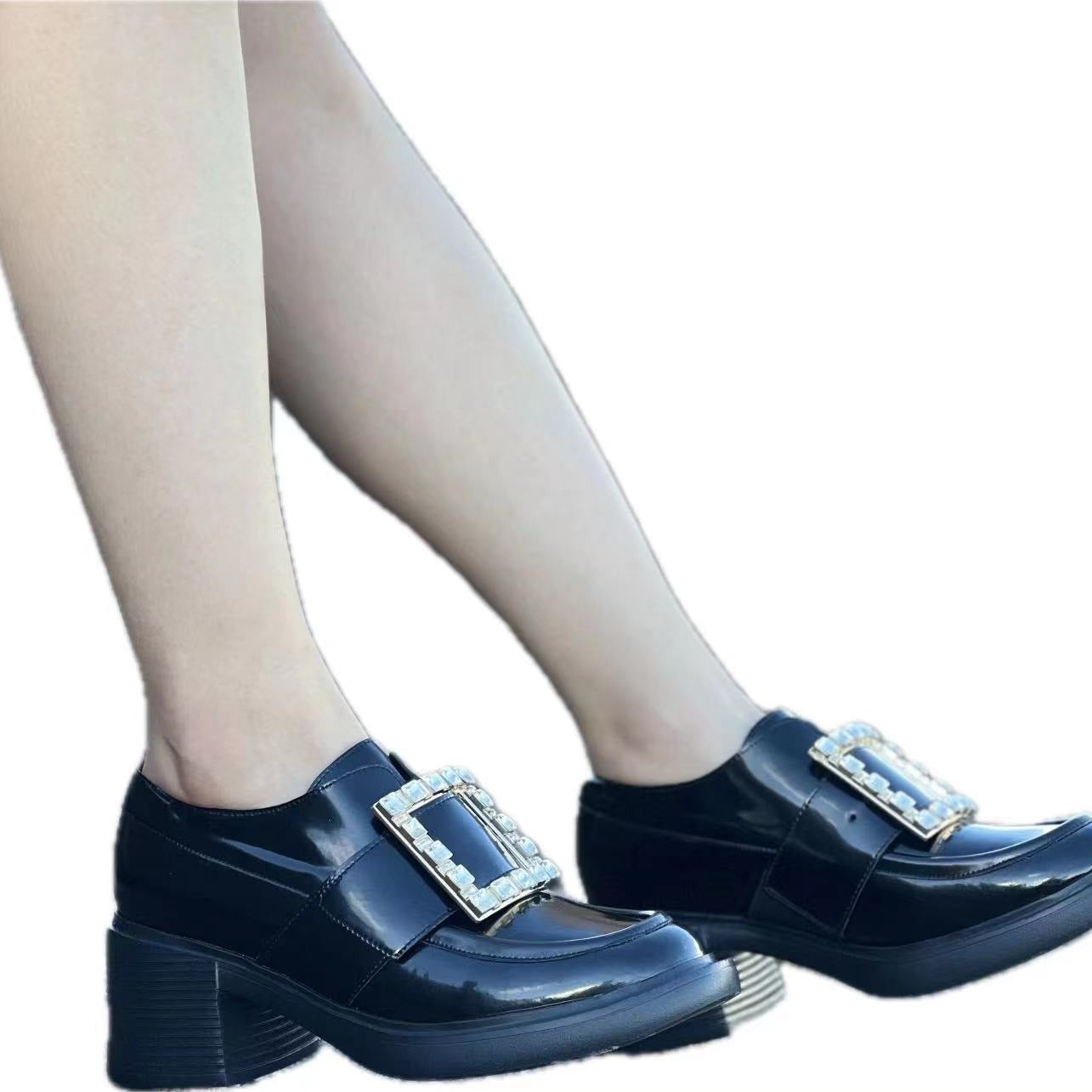 Women's Patent Square Buckle Small Genuine Elevator Casual Shoes