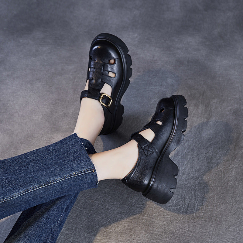 Cowhide Hollow Roman Muffin Thick Bottom Toe Cap Woven Sandals