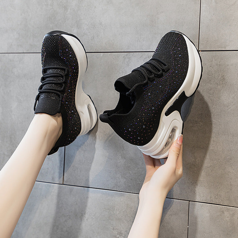 Women's Mesh Surface Lace Up Round Toe Thick Bottom Sports White Women's Casual Shoes
