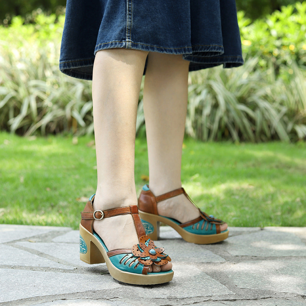 Genuine Hand-rub Color Retro Three-dimensional Flower Heels