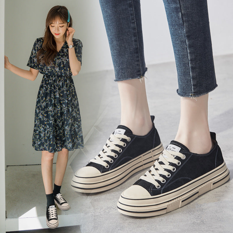 Women's Flat Black Board Sports White For Canvas Shoes