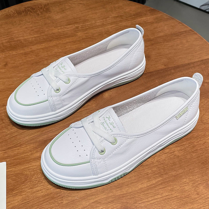 Women's Summer First Layer Cowhide White Flat Leisure Versatile Women's Casual Shoes