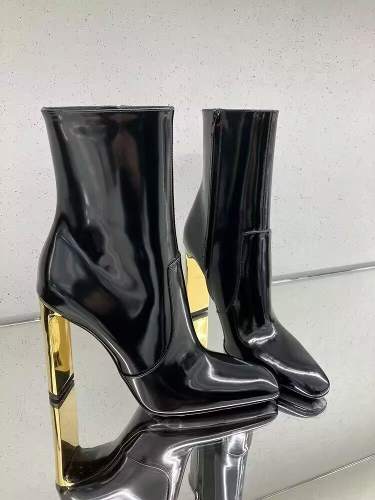 Mirror Patent Pointed Ankle Side Zip Cowhide Heels