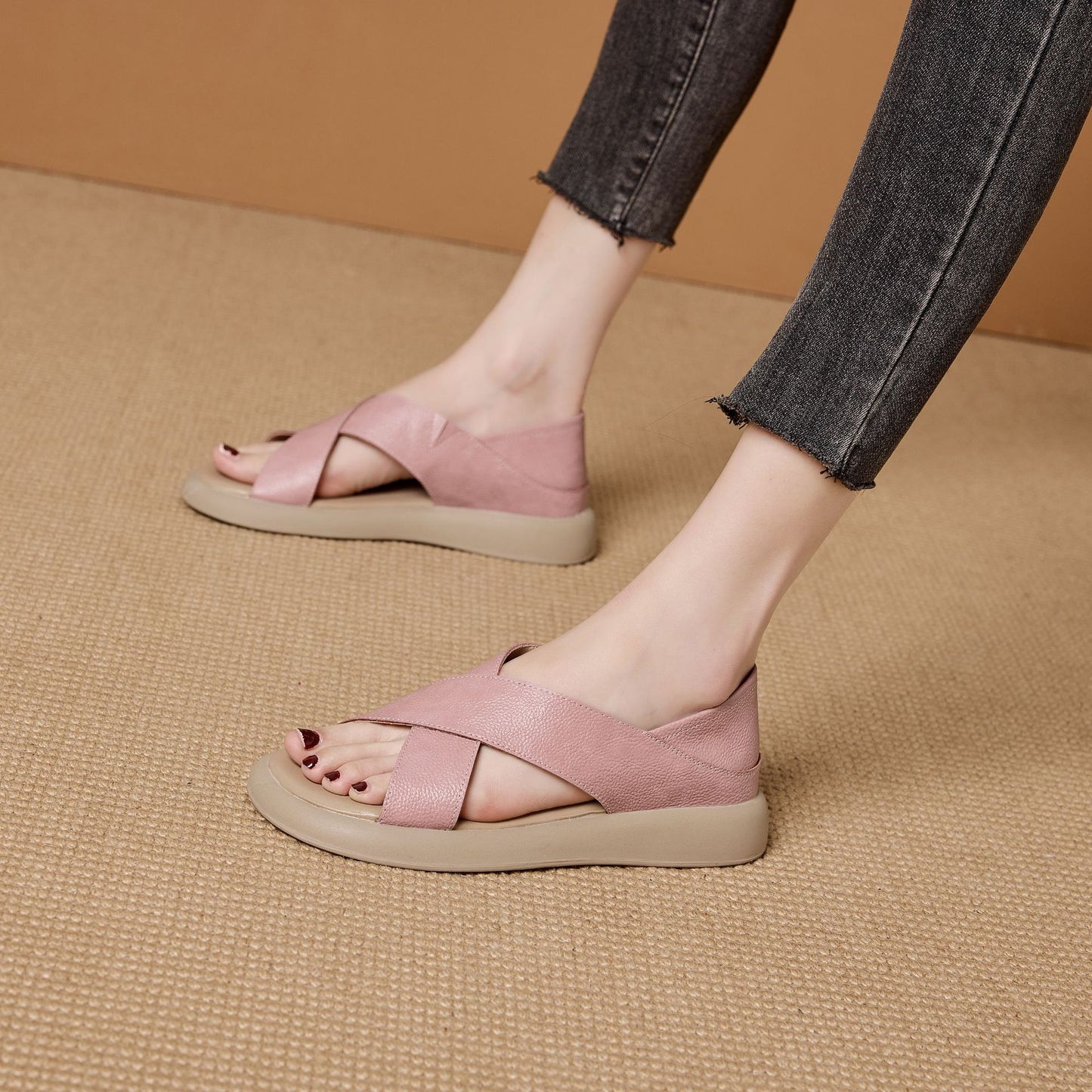 Women's Genuine Flat Peep Toe Summer Hollow Breathable Sandals