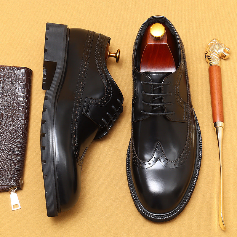 Men's Brogue Formal Business Platform Glossy Elevator Leather Shoes