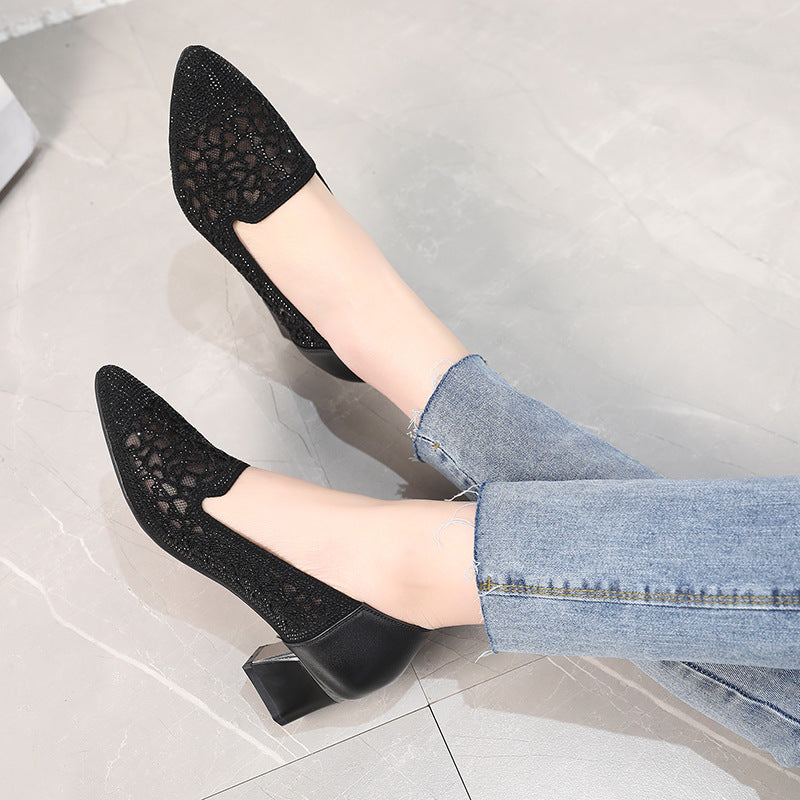 Women's Mesh Rhinestone Closed Toe Mid Mom Heels