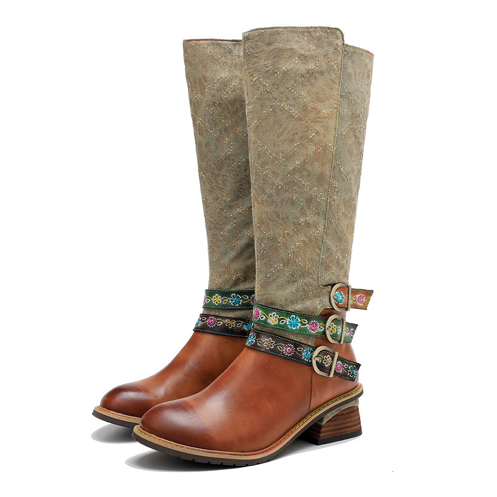 Women's Handmade Genuine Brushed British Retro Patchwork Belt Boots