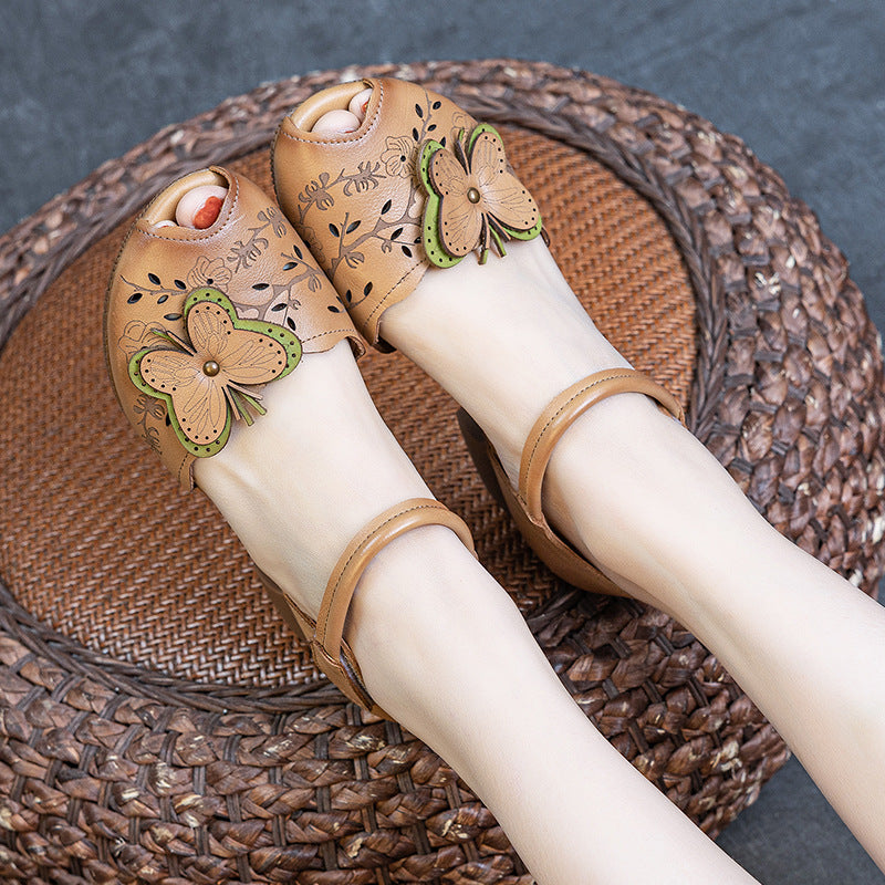 Women's Summer Chunky Peep Toe First Layer Cowhide Cotton Heels