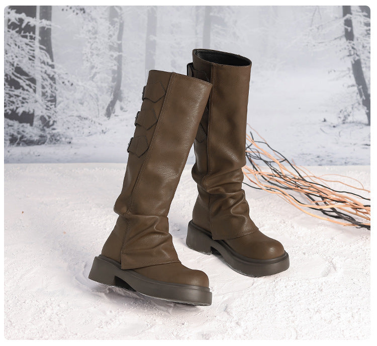 Women's Waste Style Retro Big Head Pants Pipe Pleated Boots