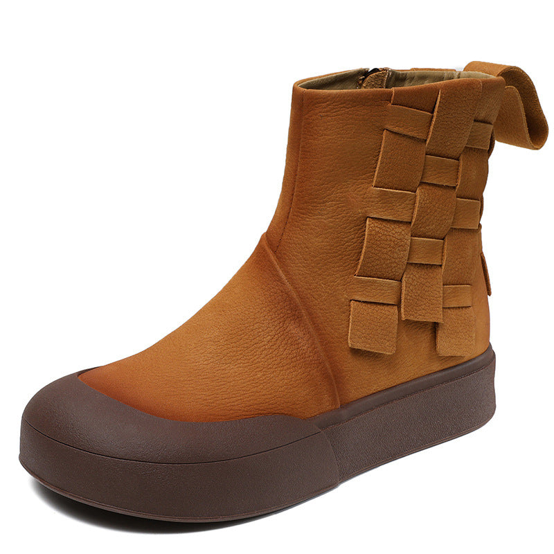 Women's Cowhide Woven Short Soft Bottom Vintage Boots