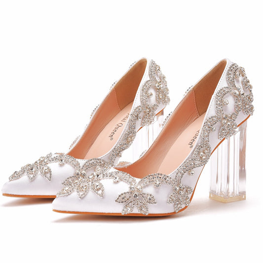 Square Pointed Toe Pumps Prom Bride Satin Cloth Rhinestone Women's Shoes