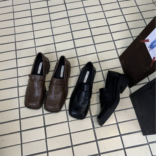 Women's Square Toe Slip-on Uniform Retro British Style Leather Shoes