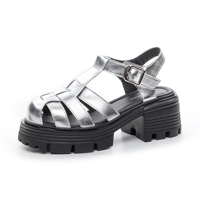 Women's Toe Roman Summer Genuine Platform Woven Hollowed Chunky Sandals