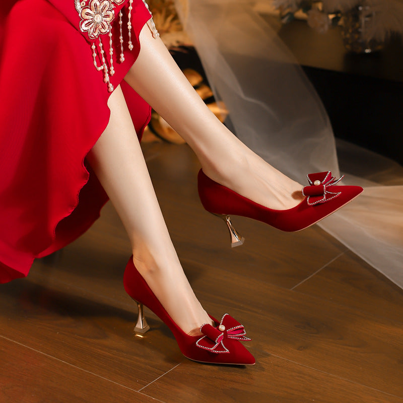Red High Stiletto Wedding Bow Toast Not Tired Feet Heels
