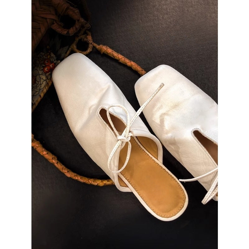 Women's Toe Laces Mules Low Pleated Antique Finish Authentic Sandals