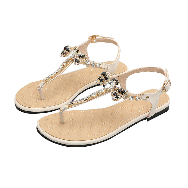 Women's Round Toe Bowknot Sweet Flat Summer Fashion Rhinestone Sandals