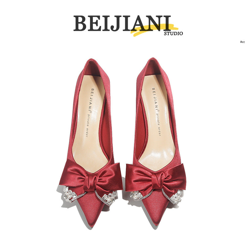 Women's Sheepskin Wedding For Bridal Bow High Pointed Women's Fashion Shoes
